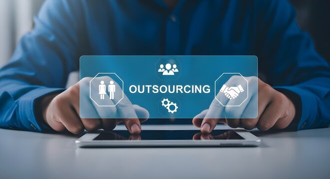 Businessman presenting outsourcing concept on tablet