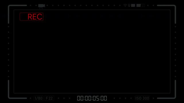Animation of the video recording camera screen, black frame, flashing circle with REC and stopwatch. A 4k video recording frame with an alpha channel.