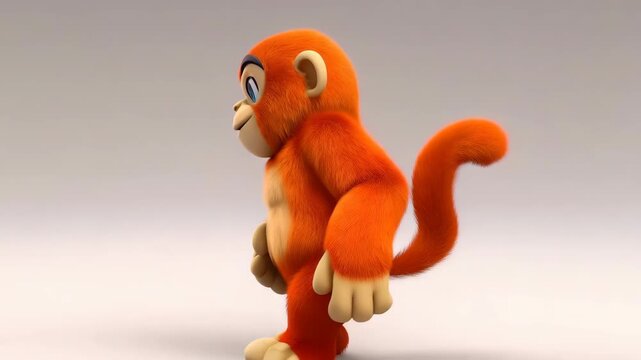 Animated monkey character side view on plain background furry orange cartoon ape render for kids content