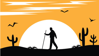 Fototapeta premium Silhouette of Hiker Man Walking through a Desert Landscape. People in nature and outdoor activities vector art
