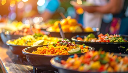 Delicious Buffet Spread with Various Colorful Dishes.