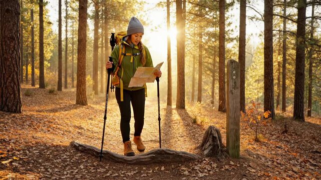 Woman hiker reads map on forest trail at sunset. Hiker with backpack navigates using map in forest. Woman hiking checks trail map outdoors. Sunset hiking with map and trekking pole in forest.