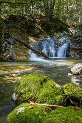 Water flows over rocks and moss in Mostnica Gorge near Stara Fuzina. Green moss covers stones near the water. Trees surround the area, adding to the natural scenery.