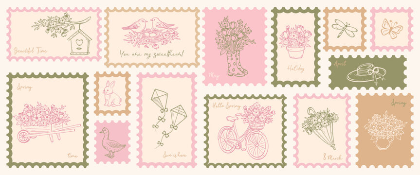 Vintage flowers set post stamps spring cute elements in coquette art. Holiday stickers for poster, placard or postcard prints. Colorful vector illustration.
