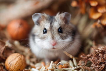 Hamster explores natural bedding filled with seeds and nuts in a cozy environment during the day
