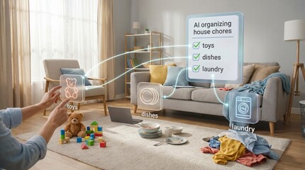 AI organizing house chores with smart technology and interactive interface