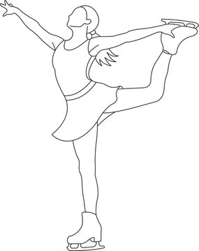 Black and white line drawing of a figure skater performing a pose