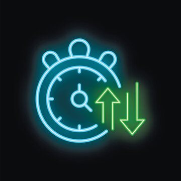 Neon clock face with glowing up and down arrows indicating the passing of time