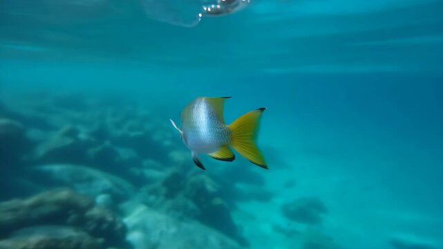 Blue chromis swimming underwater in tropical turquoise sea