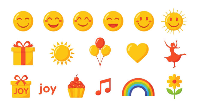 Collection of cheerful yellow and orange icons representing joy