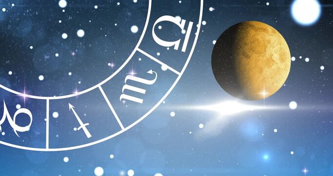 Digital animation of planet and spiral symbols of the zodiac signs in space
