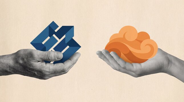 Two hands exchanging abstract shapes, representing data transfer and cloud computing concepts