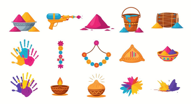Illustrations of colorful Holi festival items including powders water gun drum and sweets