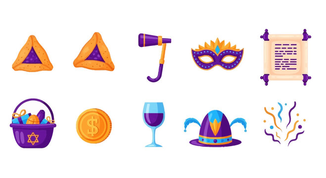 Set of ten flat design icons related to Purim holiday celebration