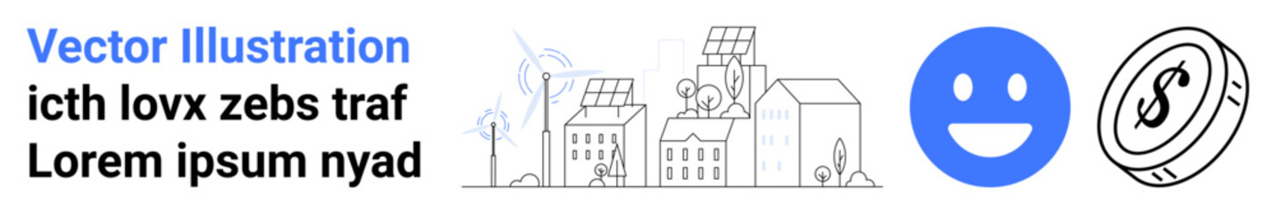 Obraz premium Renewable energy, sustainability, urban development, green cities, positive impact, economic growth. Urban cityscape with solar panels, wind turbines happy and dollar icon. Renewable energy