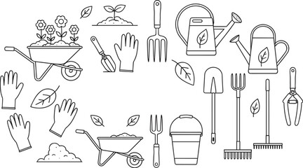 Obraz premium Gardening line icons set featuring tools, gloves, watering cans, plants, and wheelbarrow for outdoor work and eco concepts