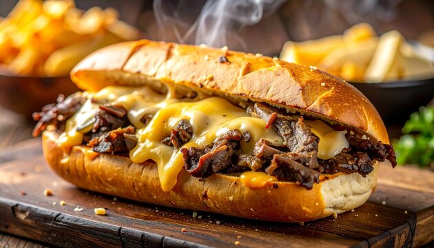 Freshly grilled Philly cheesesteak , hot steam can be seen coming out of the sandwich, cheese is melting