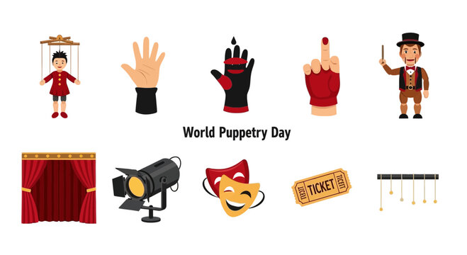 World Puppetry Day icons featuring marionette hands ventriloquist dummy stage