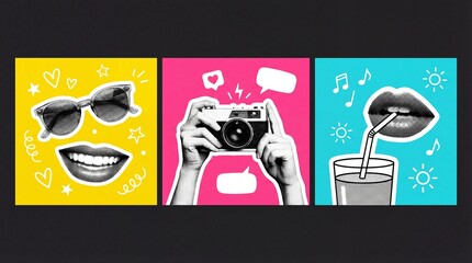 Retro pop art collage featuring sunglasses, camera, and drink with vibrant backgrounds