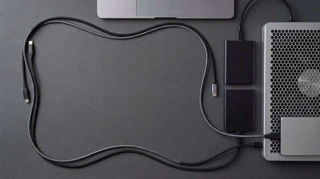 Overhead View of Laptop, Storage, and USB-C Cables with Copy Space