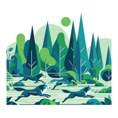 Wolf Pack Running In Forest Vector Design