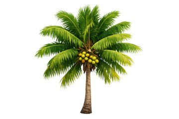 Obraz premium Coconut palm tree standing tall with ripe yellow coconuts among lush green leaves, representing summer holidays and tropical nature. Transparent background