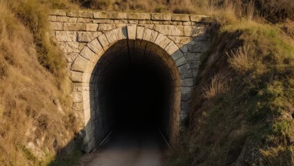Stone tunnel entrance in the hillside, dark and mysterious.
