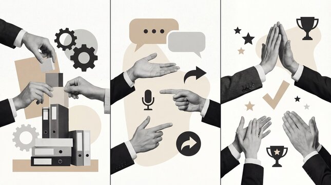 Business collaboration and success montage with hands building, communicating, and celebrating achievements