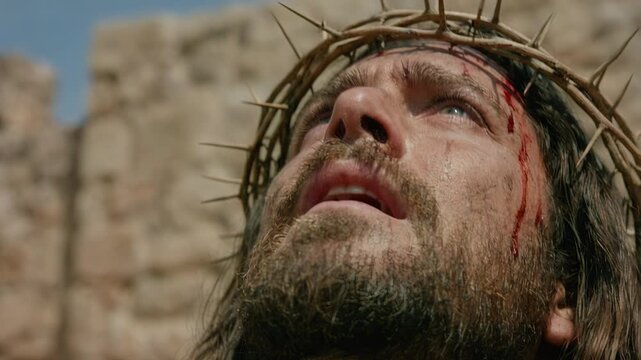 Close-up face of suffering Jesus Christ with crown of thorns and blood. Messiah looking up to heaven with pain and hope during crucifixion. Easter passion and sacrifice concept