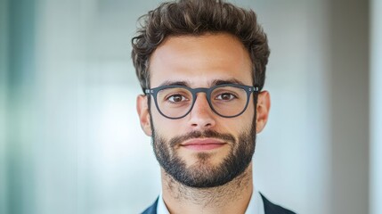 Obraz premium A man with glasses is smiling in a modern space. He has a beard and curly hair. The setting suggests a casual day in a contemporary environment