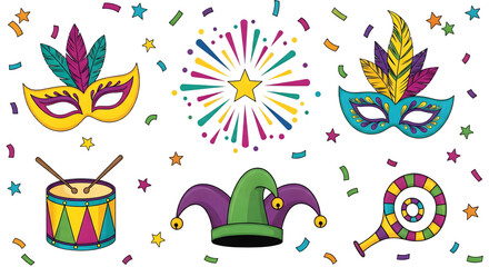 Mardi gras party icons including colorful masks, confetti, and musical instruments isolated on transparent background