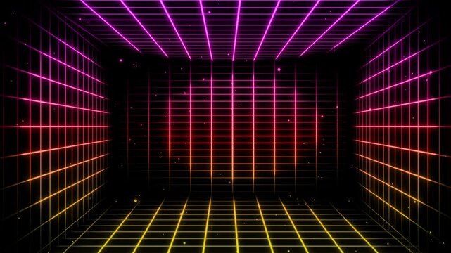 Animated Retro Synthwave Grid Room with Glowing Neon Lights