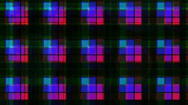 A seamless loop of an abstract digital grid featuring repeating squares that pulse with neon blue magenta and cyan colors against a dark background. Ideal for modern technology science or music video 