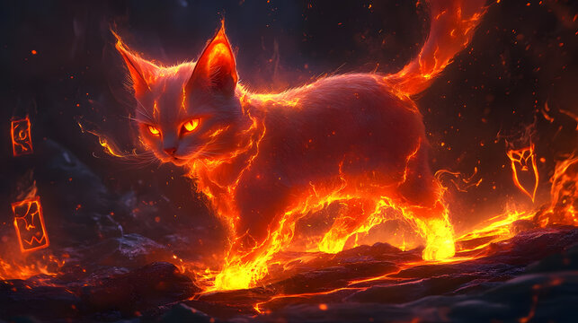 An Elegant Cat, covered in Flame, like a Fire Spirit