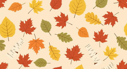 Obraz premium Seamless vector illustration pattern of falling deciduous autumn leaves (maple, oak, birch) and bark pieces in red, orange, yellow, and green tones, scattered randomly on a warm beige background.