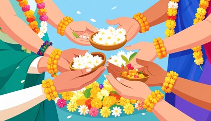 Celebration of unity - Hands offering rice and flowers in harmony.