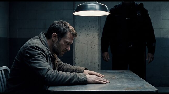 Man sits at a table in an interrogation room with a police officer standing behind him