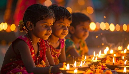 Children celebrate Diwali with lights and traditional diyas.
