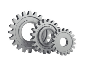 Three silver metal gears machinery isolated on a transparent background