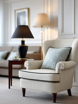 Elegant armchair with lamp in sophisticated living room