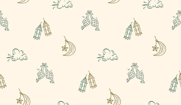 Ramadan doodle background. Eid al fitr doodle pattern background. Eid mubarak seamless pattern with lantern, crescent moon, sky, ketupat doodle illustration. Ramadan hand drawn background.