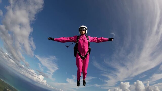 Skydiver woman spreads arms during jump. Flying free in sky with parachute shows extreme thrill. Skydiver in clouds above ocean performs solo jump. Woman skydiver embraces sky and parachute