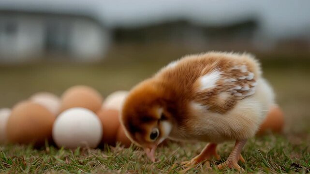 On a green meadow, a fluffy young chick stands next to a group of brown and white eggs.