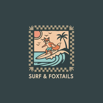 Anthropomorphic fox character surfing a wave on a surfboard.