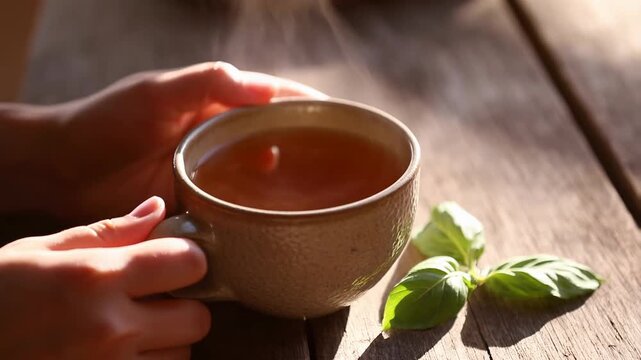 Calm morning ritual with hand holding rustic ceramic cup of steaming hot tulsi tea, fresh holy basil leaves on wooden table in soft natural light, evoking warmth and wellness video footage