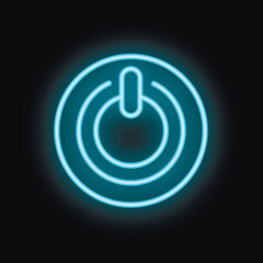 Neon blue power button is glowing on a black background