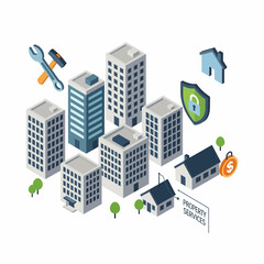 Naklejka premium Property Services Illustration with Buildings and Security Features.