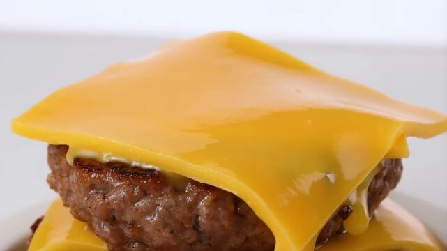 Close-up slow motion of melted cheddar cheese sliding over a hot grilled beef patty on a burger stack with glossy gooey texture, perfect for food commercials and culinary content