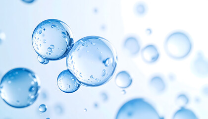 Close-up of blue water bubbles with small droplets, suspended in a light blue background, macro detail, stock media.
