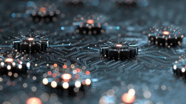 Abstract digital components visualization using rare earth elements, luminous mineral cores forming circuit-like patterns, minimal composition, soft contrast lighting, modern editorial illustration 